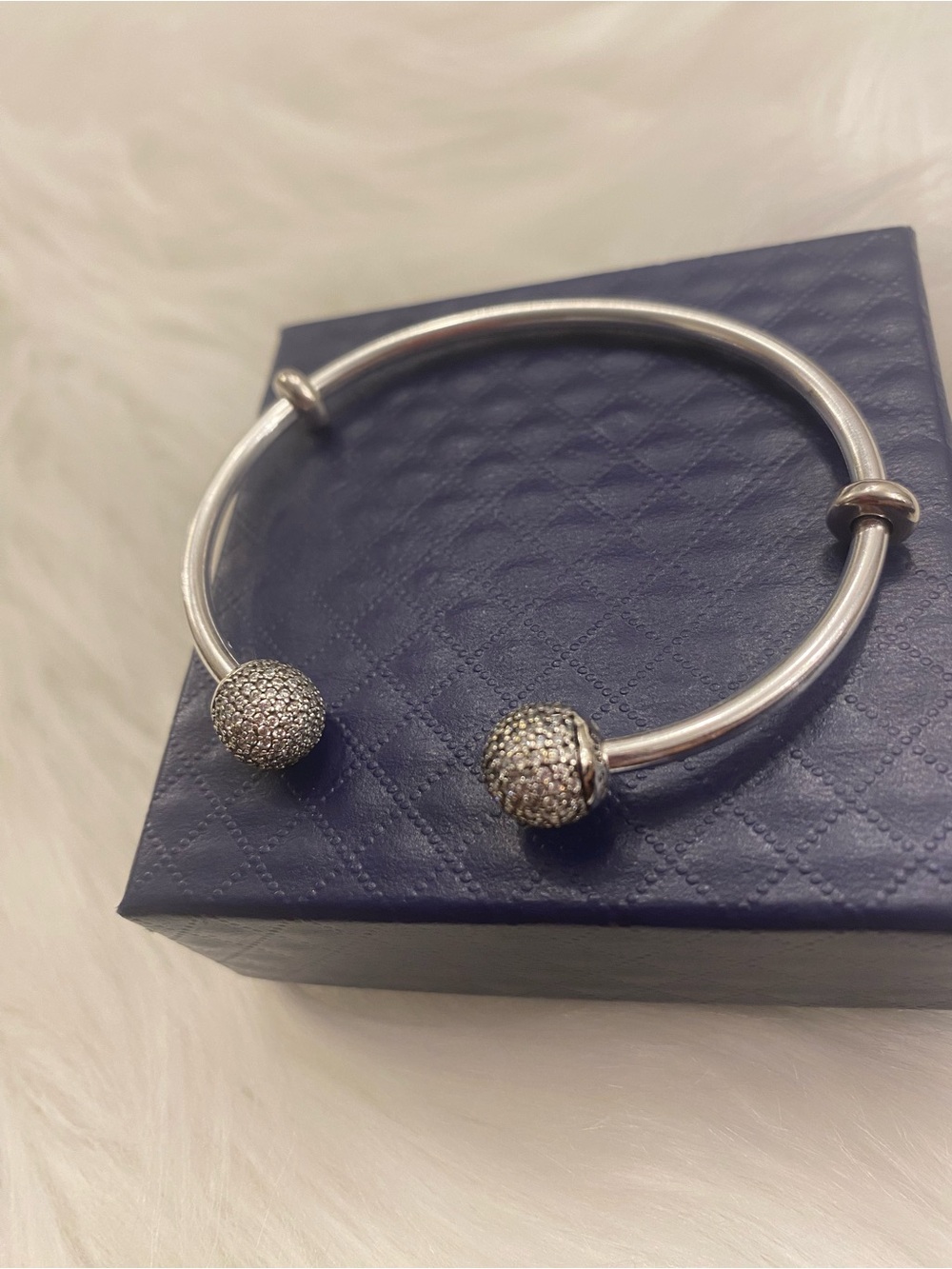 Pandora Silver Open Bangle with Sparkling Pavé Spheres